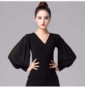 Black v neck long sleeves ballroom latin dance tops for women girls waltz tango foxtrot smooth dance tops for female